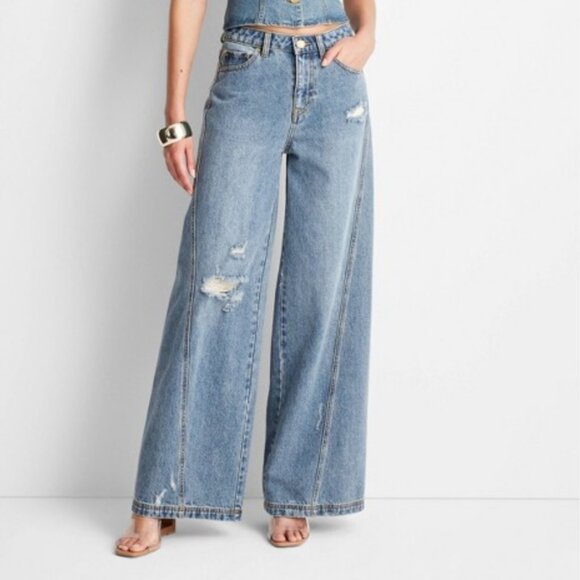 Jenee Naylor High-Rise Distressed Wide Leg Jeans NWT Future Collective - Picture 2 of 16